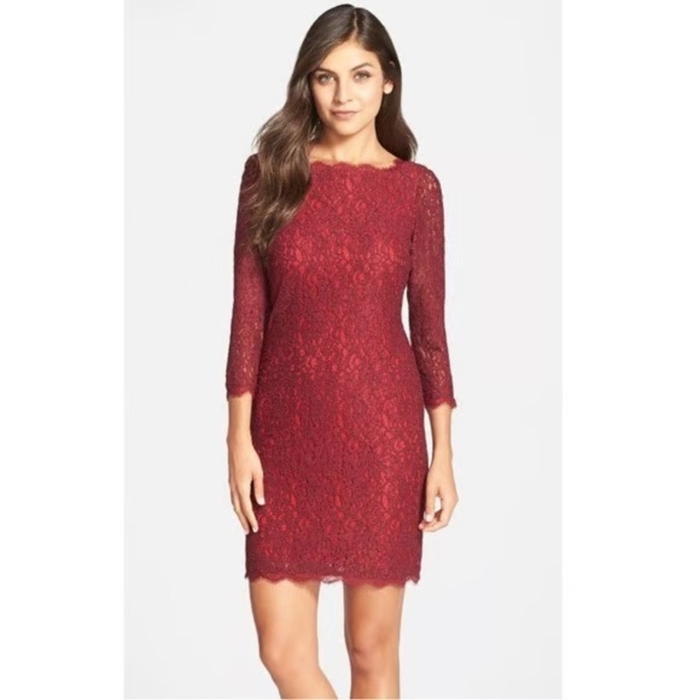 Adrianna Papell Burgundy Lace Long Sleeve Dress